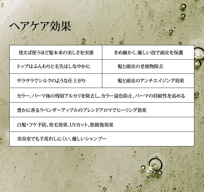 ヘアケア効果　使えば使うほど髪本来の美しさを実感・きめ細かく、優しい泡で頭皮を保護・トップはふんわりと毛先はしなやかに・髪と頭皮の老廃物除去・サラサラでシルクのような仕上がり・髪と頭皮のアンチエイジング効果・カラー、パーマ後の残留アルカリを除去し、カラー退色防止、パーマの持続性を高める・豊かに香るラベンダーアップルのブレンドアロマでヒーリング効果・白髪・フケ予防、育毛効果、UVカット、肌修復効果・美容室でも手荒れしにくい、優しいシャンプー