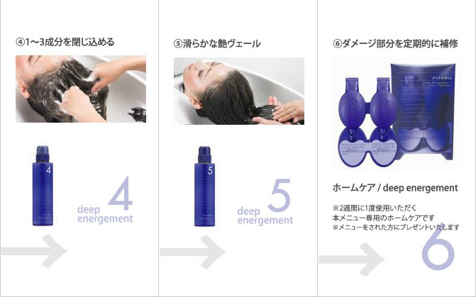 4.1〜3成分を閉じ込める→5.滑らかな艶ヴェール→6.ダメージ部分を定期的に補修（ホームケア）