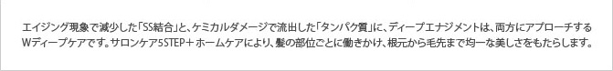 エイジング現象で減少した「SS結合」と、ケミカルダメージで流出した「タンパク質」に、ディープエナジメントは、両方にアプローチする
Wディープケアです。サロンケア5STEP＋ホームケアにより、髪の部位ごとに働きかけ、根元から毛先まで均一な美しさをもたらします