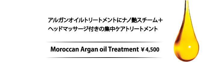 アルガンオイルトリートメントにナノ艶スチーム+ヘッドマッサージ付の集中ケアトリートメント　モロッカンアルガンオイルトリートメント　4500円