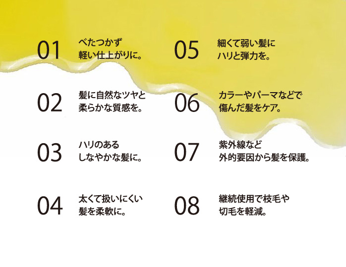 べたつかず軽い仕上がり　髪に自然な艶と柔らかな質感　ハリのあるしなやかな髪に　太くて扱いにくい髪を柔軟に　細くて弱い髪にハリと弾力　カラーやパーマなどで傷んだ髪をケア　紫外線など外的要因から髪を保護　継続使用で枝毛や切毛を軽減